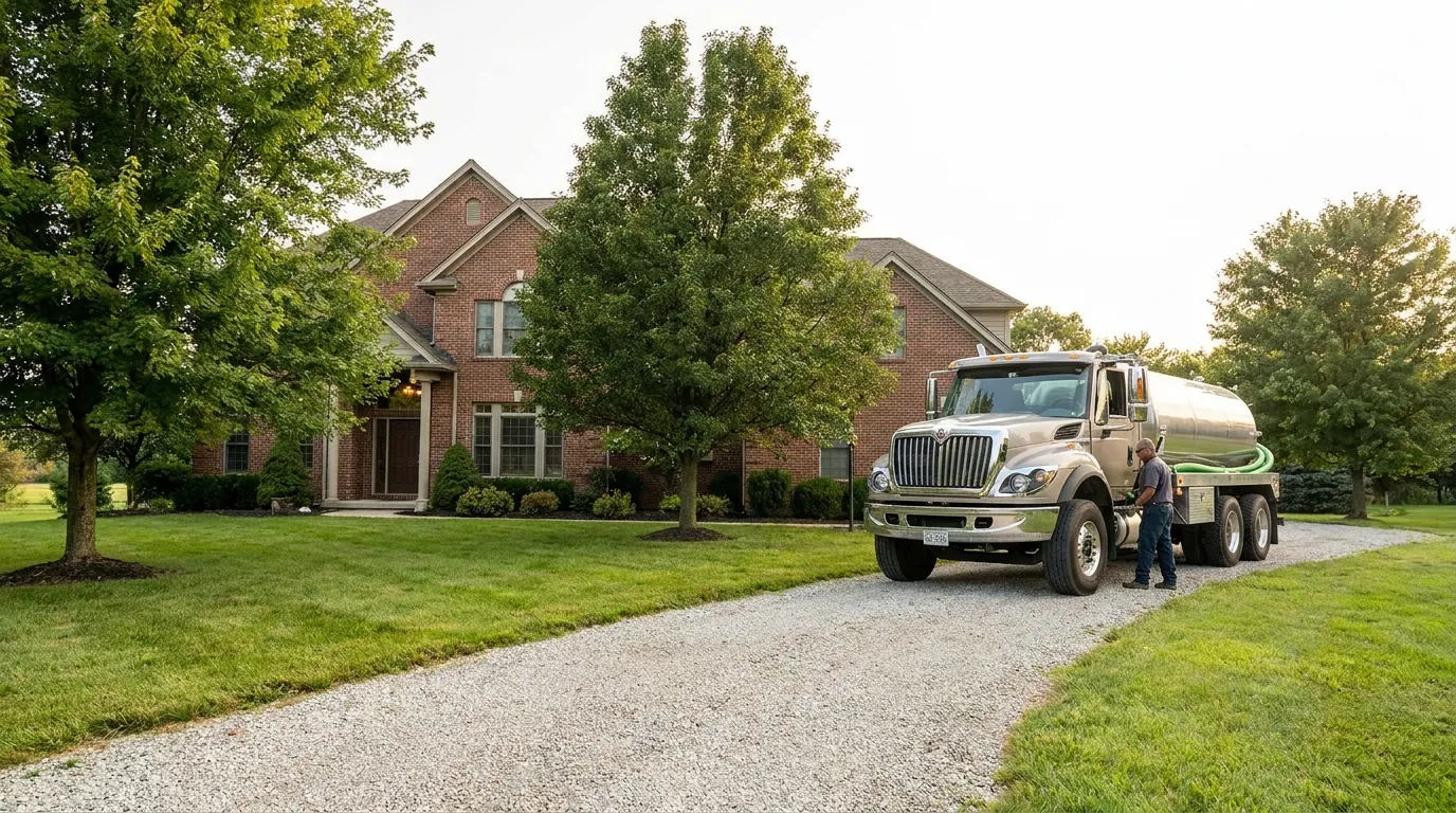 Septic service truck at a rural Carmel, IN home